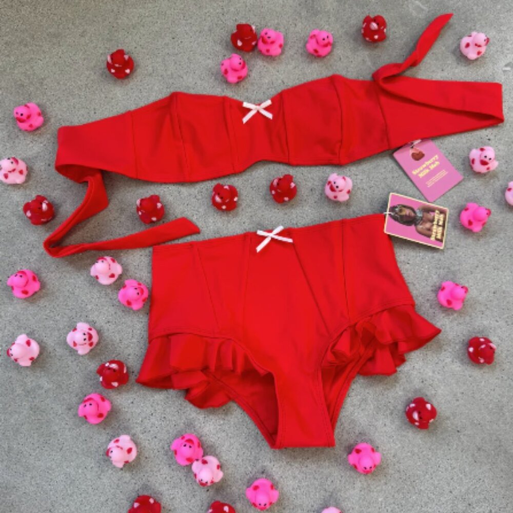 Strawberry Milk Mob Red Women's High-Waist Bikini with Ruffle Trim